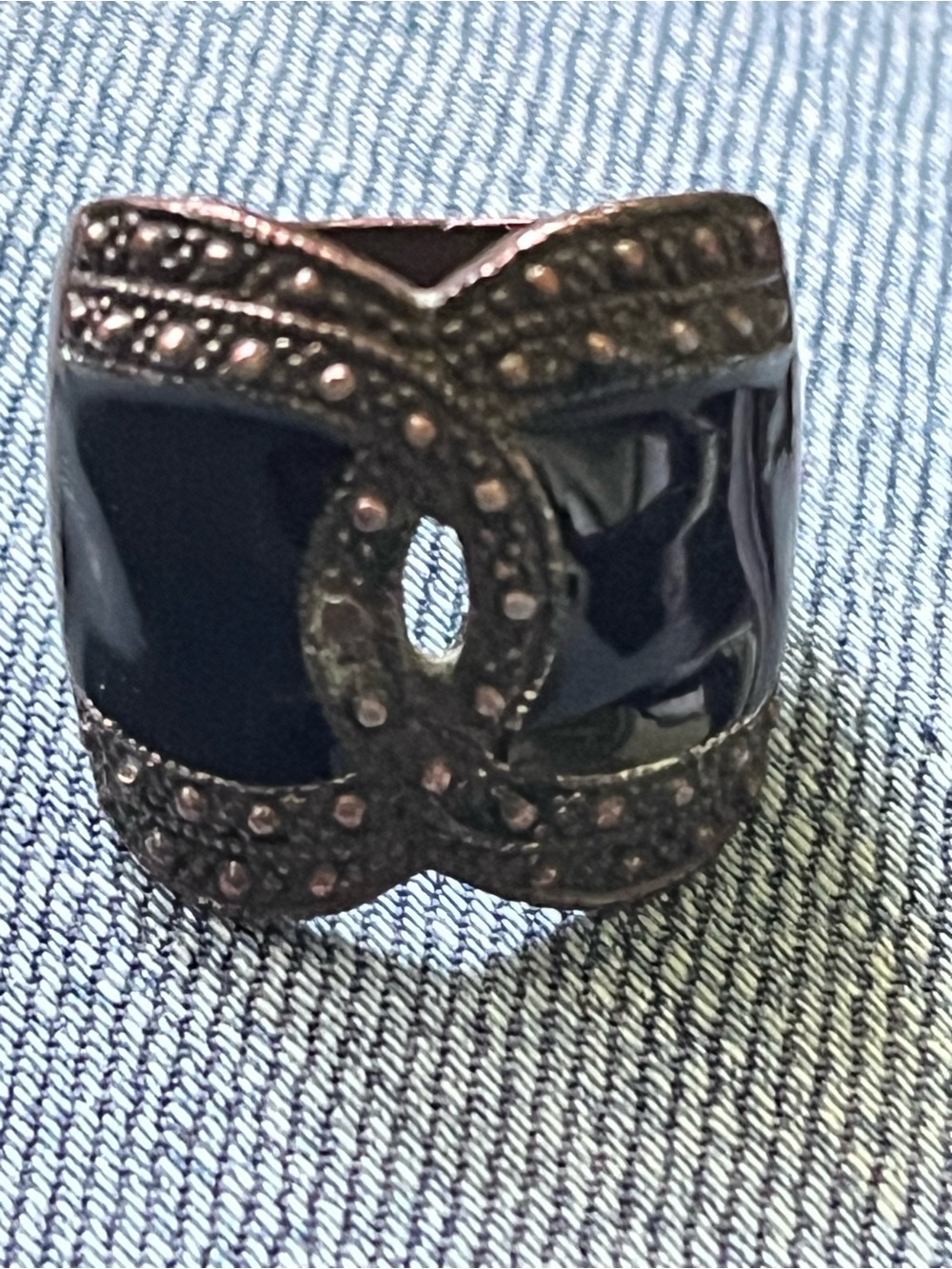 Art Deco Black Enamel Copper Tone Wide Band Ring Size 9 - Picture 2 of 6